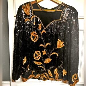Vintage 100% Silk Sequin Blouse Black and Gold Sequin 1980s.Perfect for Holidays